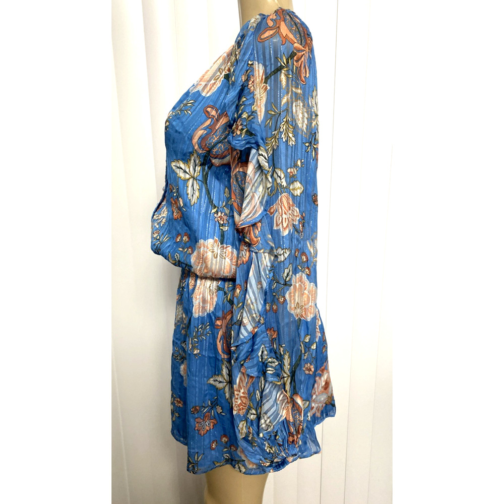 Ramy Brook Printed Hamilton Long Sleeve Mini Blouson Dress Blue Floral Ruffled M - Picture 7 of 12